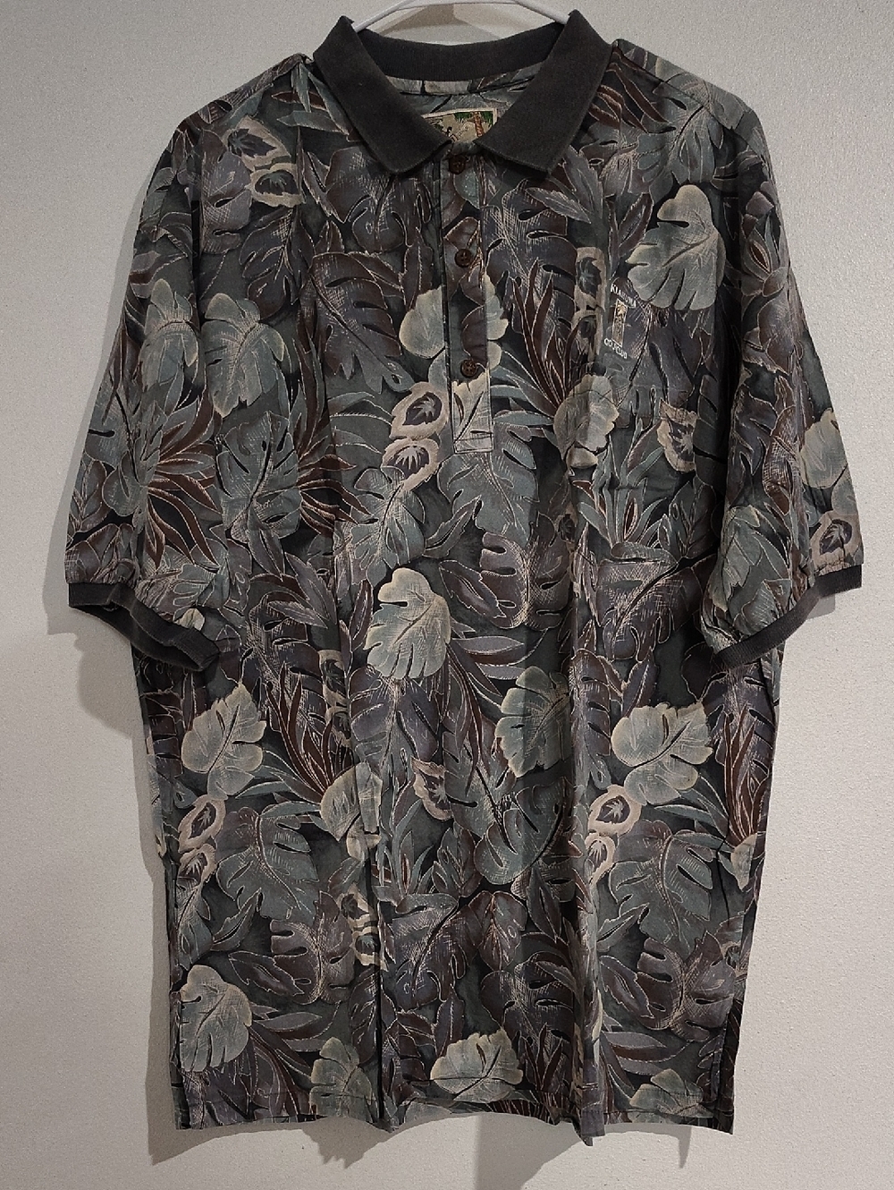 Tori Richard Men's Tropical Leaf Polo in Gray, Green and Brown